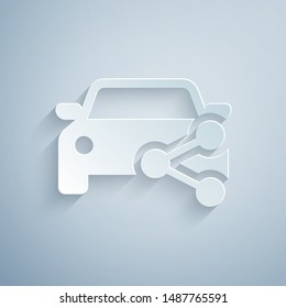 Paper cut Car sharing icon isolated on grey background. Carsharing sign. Transport renting service concept. Paper art style. Vector Illustration