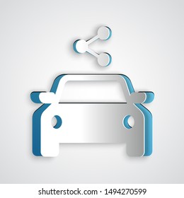 Paper cut Car sharing icon isolated on grey background. Carsharing sign. Transport renting service concept. Paper art style. Vector Illustration