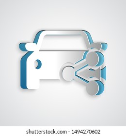 Paper cut Car sharing icon isolated on grey background. Carsharing sign. Transport renting service concept. Paper art style. Vector Illustration
