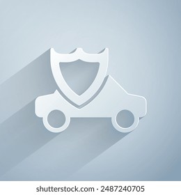 Paper cut Car with shield icon isolated on grey background. Insurance concept. Security, safety, protection, protect concept. Paper art style. Vector