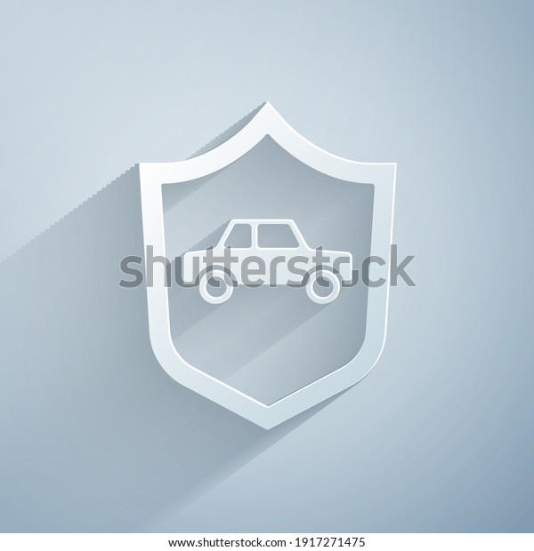 Paper cut Car with shield icon isolated on\
grey background. Insurance concept. Security, safety, protection,\
protect concept. Paper art style.\
Vector