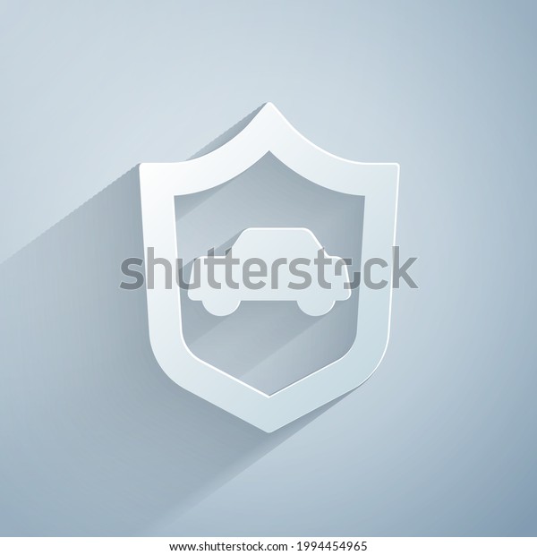 Paper cut Car with shield icon isolated on\
grey background. Insurance concept. Security, safety, protection,\
protect concept. Paper art style.\
Vector