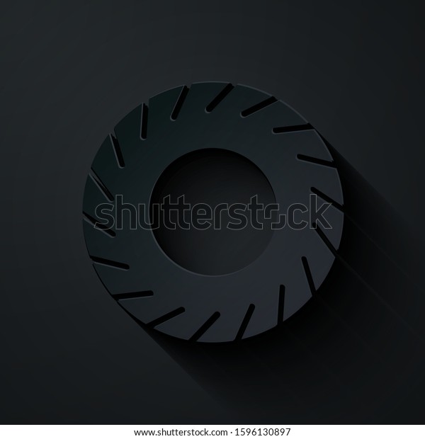 Paper cut Car tire icon isolated on\
black background. Paper art style. Vector\
Illustration
