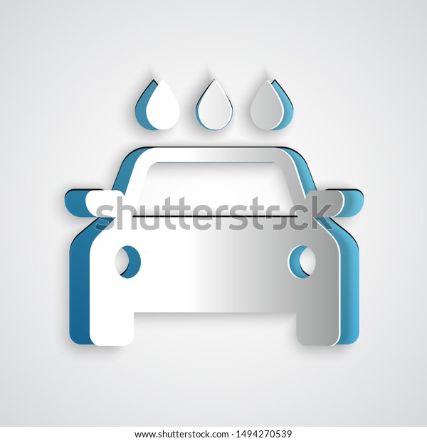 Paper cut Car wash icon isolated on grey\
background. Carwash service and water cloud icon. Paper art style.\
Vector Illustration
