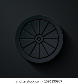 Paper cut Car wheel icon isolated on black background. Paper art style. Vector Illustration