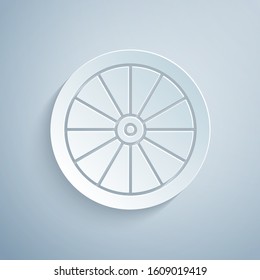 Paper cut Car wheel icon isolated on grey background. Paper art style. Vector Illustration