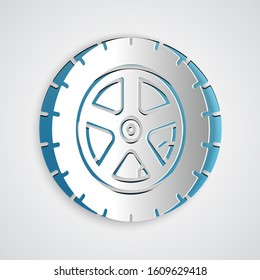 Paper cut Car wheel icon isolated on grey background. Paper art style. Vector Illustration