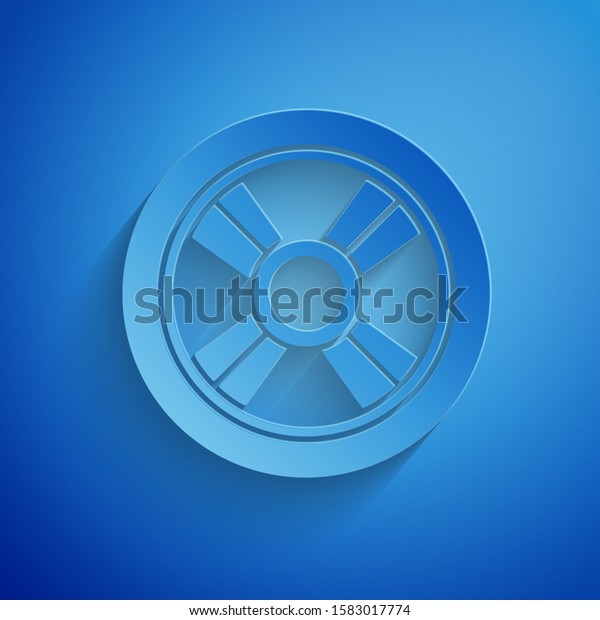 Paper cut Car wheel icon isolated on\
blue background. Paper art style. Vector\
Illustration