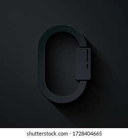 Paper cut Carabiner icon isolated on black background. Extreme sport. Sport equipment. Paper art style. Vector Illustration