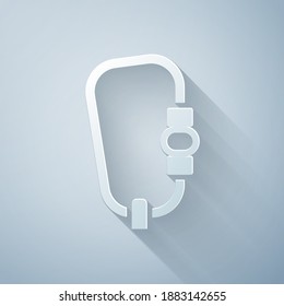 Paper cut Carabiner icon isolated on grey background. Extreme sport. Sport equipment. Paper art style. Vector