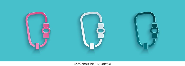 Paper cut Carabiner icon isolated on blue background. Extreme sport. Sport equipment. Paper art style. Vector