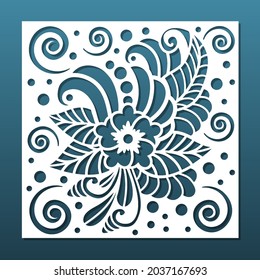Fondo de la tarjeta de corte de papel. Tarjeta de saludo, invitación, boda o celebración con estampado floral, corte láser cnc, grabado o impresión de silueta.  Arte de papel, panel interior para decoración casera, cacao