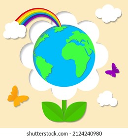 Paper cut card with globe, rainbow and butterflies on light background for Earth Day