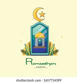 Paper Cut Card poster or template design with Golden Crescent Moon and Golden Dome for Ramadhan Kareem. Vector Illustration