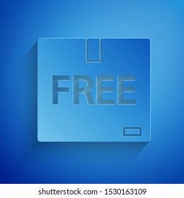Paper cut Cardboard box with free symbol icon isolated on blue background. Box, package, parcel sign. Delivery, transportation and shipping. Paper art style. Vector Illustration