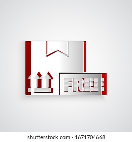 Paper cut Cardboard box with free symbol icon isolated on grey background. Box, package, parcel. Delivery, transportation and shipping. Paper art style. Vector Illustration