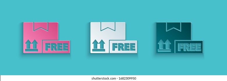 Paper cut Cardboard box with free symbol icon isolated on blue background. Box, package, parcel. Delivery, transportation and shipping. Paper art style. Vector Illustration
