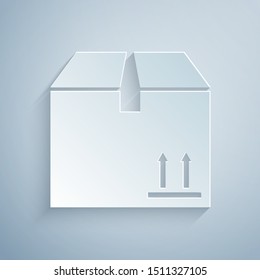 Paper cut Cardboard box with traffic symbol icon isolated on grey background. Box, package, parcel sign. Delivery, transportation and shipping. Paper art style. Vector Illustration