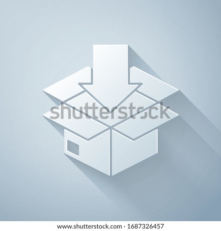 Paper cut Cardboard box with traffic symbol icon isolated on grey background. Box, package, parcel. Delivery, transportation and shipping. Paper art style. Vector Illustration