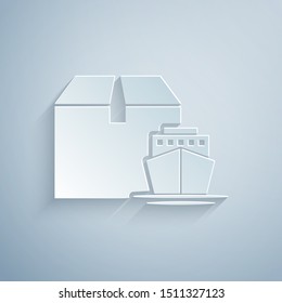 Paper cut Cargo ship with boxes delivery service icon isolated on grey background. Delivery, transportation. Freighter with parcels, boxes, goods. Paper art style. Vector Illustration