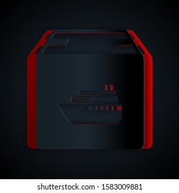 Paper cut Cargo ship with boxes delivery service icon isolated on black background. Delivery, transportation. Freighter with parcels, boxes, goods. Paper art style. Vector Illustration