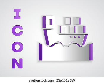 Paper cut Cargo ship with boxes delivery service icon isolated on grey background. Delivery, transportation. Freighter with parcels, boxes, goods. Paper art style. Vector