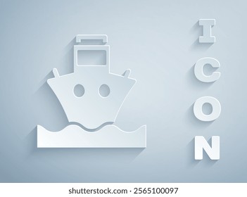 Paper cut Cargo ship icon isolated on grey background. Paper art style. Vector