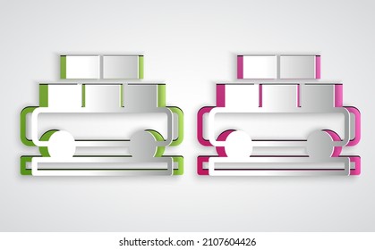 Paper cut Cargo train wagon icon isolated on grey background. Full freight car. Railroad transportation. Paper art style. Vector