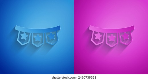 Paper cut Carnival garland with flags icon isolated on blue and purple background. Party pennants for birthday celebration, festival decoration. Paper art style. Vector