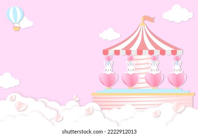 Paper cut the carousel has a white rabbit and a pink heart-shaped basket with space for text - design for  background  social media, poster, brochure other, paper cut love, paper cut background.	