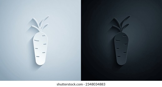 Icono de zanahoria de corte de papel aislado en fondo gris y negro. Estilo de arte de papel. Vector