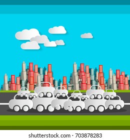 Paper Cut Cars and Clouds. Vector Flat Design Illustration. Busy Time on Highway. City on Background.