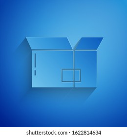 Paper cut Carton cardboard box icon isolated on blue background. Box, package, parcel sign. Delivery and packaging. Paper art style. Vector Illustration