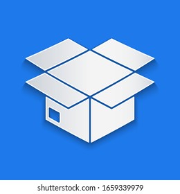 Paper cut Carton cardboard box icon isolated on blue background. Box, package, parcel sign. Delivery and packaging. Paper art style. Vector Illustration