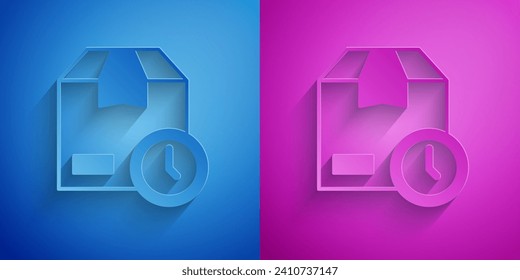 Paper cut Carton cardboard box and fast time delivery icon isolated on blue and purple background. Box, package, parcel sign. Delivery and packaging. Paper art style. Vector