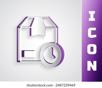 Paper cut Carton cardboard box and fast time delivery icon isolated on grey background. Box, package, parcel sign. Delivery and packaging. Paper art style. Vector