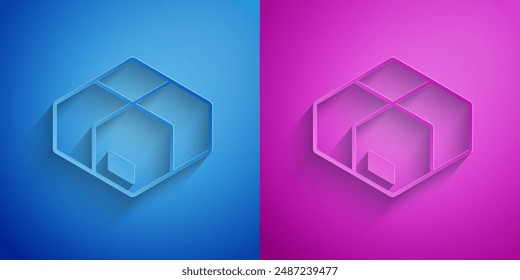 Paper cut Carton cardboard box icon isolated on blue and purple background. Box, package, parcel sign. Delivery and packaging. Paper art style. Vector