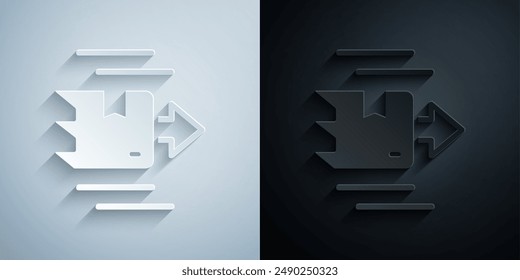 Paper cut Carton cardboard box icon isolated on grey and black background. Box, package, parcel sign. Delivery and packaging. Paper art style. Vector