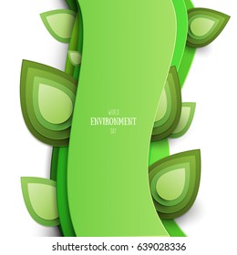 Paper cut cartoon abstract green plant with leafs in realistic trendy craft style. Modern origami design. World environment day concept greeting card, banner. Vector illustration.