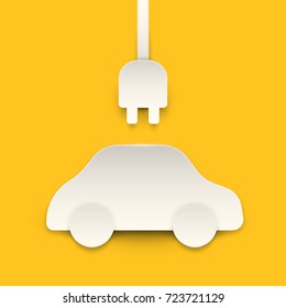 Paper cut cartoon car with connector in realistic trendy craft style. Technology modern origami design. Background concept for greeting card, banner, poster, sticker. Vector illustration.