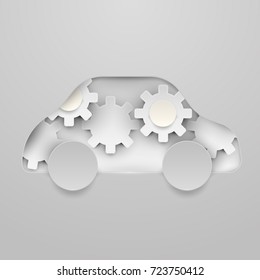 Paper cut cartoon car with gears in realistic trendy craft style. Technology modern origami design. Background concept for greeting card, banner, poster, sticker. Vector illustration.