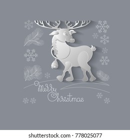 Paper cut cartoon Deer with bell and handwritten words Merry Christmas on gray background with snowflakes and pine branches. Vector paper art style greeting card.