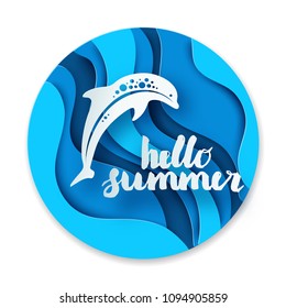 Paper cut cartoon dolphin on sea or ocean wave in origami trendy craft style. Happy cartoon whale. Marine life in paper art deep style. Vector