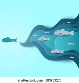Paper cut cartoon fish on water in polygonal trendy craft style. Modern origami design. Concept background for poster, greeting card, banner. Vector illustration.