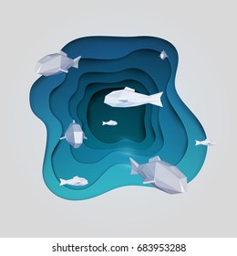 Paper cut cartoon fish on water in polygonal trendy craft style. Modern origami design. Concept background for poster, greeting card, banner. Vector illustration.