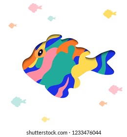 Paper cut cartoon fish shape in polygonal trendy craft style. Modern origami design.  Trendy concept fashion design. Banner, logo.  Isolated object. Vector illustration