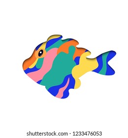 Paper cut cartoon fish shape in polygonal trendy craft style. Modern origami design.  Trendy concept fashion design. Banner, logo.  Isolated object. Vector illustration
