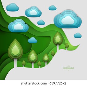 Paper cut cartoon forest with trees and clouds in realistic trendy craft style. Modern origami design. Nature landscape background concept for greeting card, banner. Vector illustration.