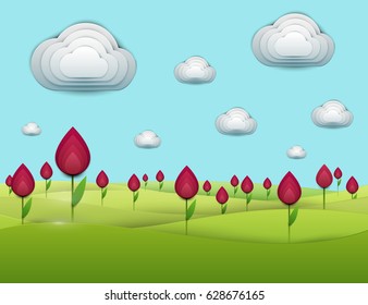 Paper cut cartoon green field and hills with red tulips in realistic trendy craft style. Modern origami design template. Concept art inspiration or idea. Vector illustration.