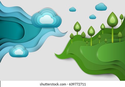 Paper cut cartoon green field with tree and clouds in realistic trendy craft style. Modern origami design. Nature landscape background concept for greeting card, banner. Vector illustration.